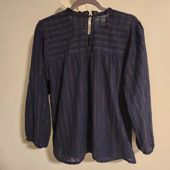 Anthropologie Maeve Reston Blouse | Navy Gold Metallic‎ Stripe Large, Like New! - Picture 6 of 10